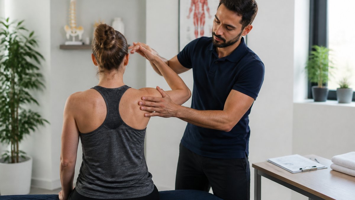 Physiotherapist performing a shoulder movement assessment in a modern physiotherapy clinic treatment room.