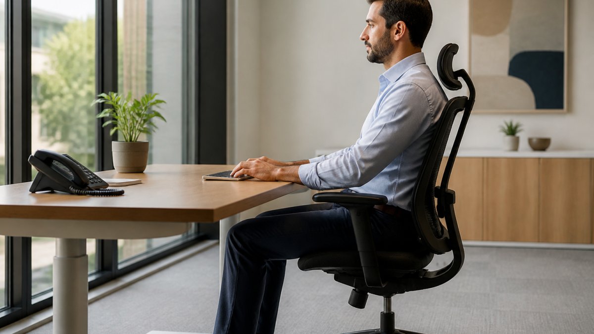 Professional seated at an ergonomic desk with neutral posture to prevent desk-related neck pain