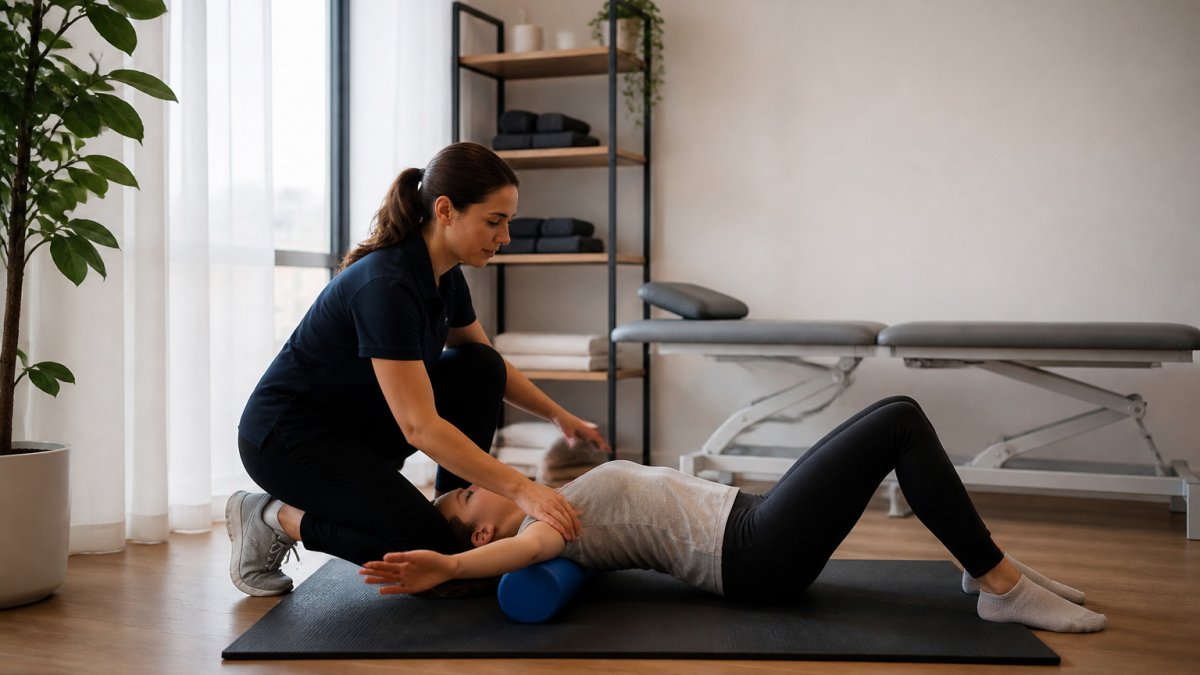 Physiotherapist guiding a patient through lumbar mobility exercises to help manage chronic lower back pain.
