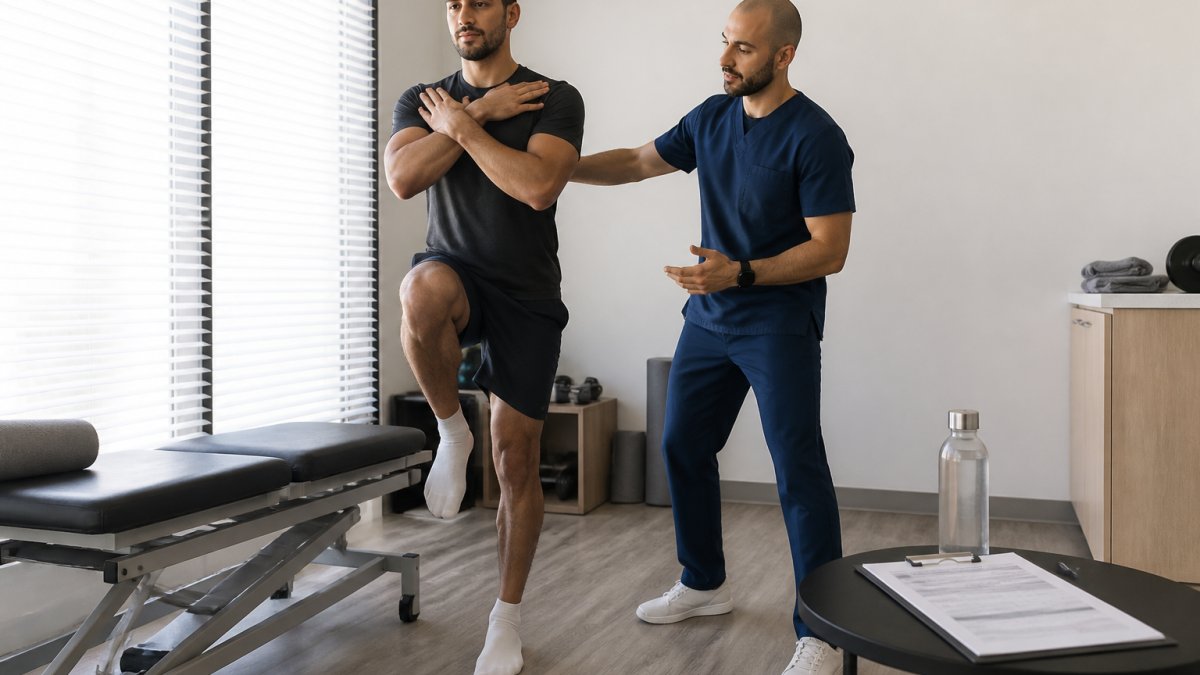 A physiotherapist in a private treatment room guiding an athlete through a single-leg balance test, clipboard of assessment notes on a side table, soft daylight through blinds